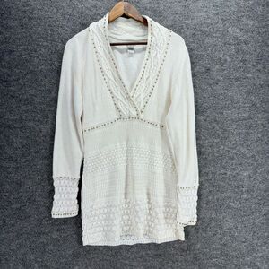 Cache Sweater Pullover Women XL White Knit V-Neck Long Sleeve Cotton Casual